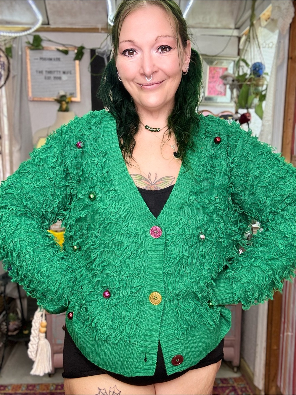 Christmas Tree Emerald Green Textured Button-Front Women's Cardigan Size XLarge